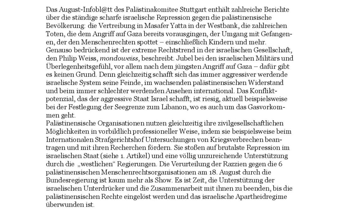 Palästinakomitee Stuttgart: infobl@tt August 2022